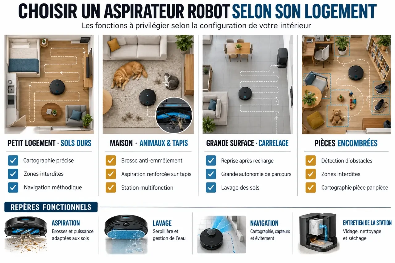 Infographie pour choisir un aspirateur robot Amazon selon le logement, les tapis, les animaux et la station