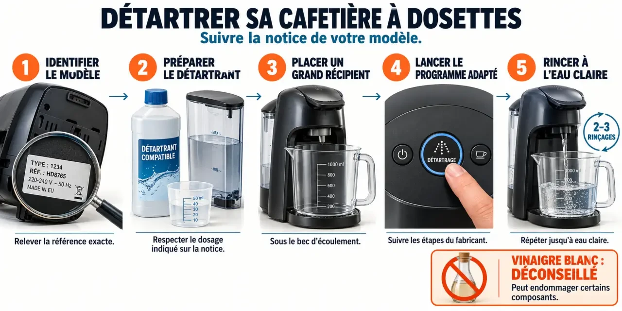 Détartrer Senseo vinaigre blanc : étapes sûres avec un détartrant compatible et rinçage à l’eau claire