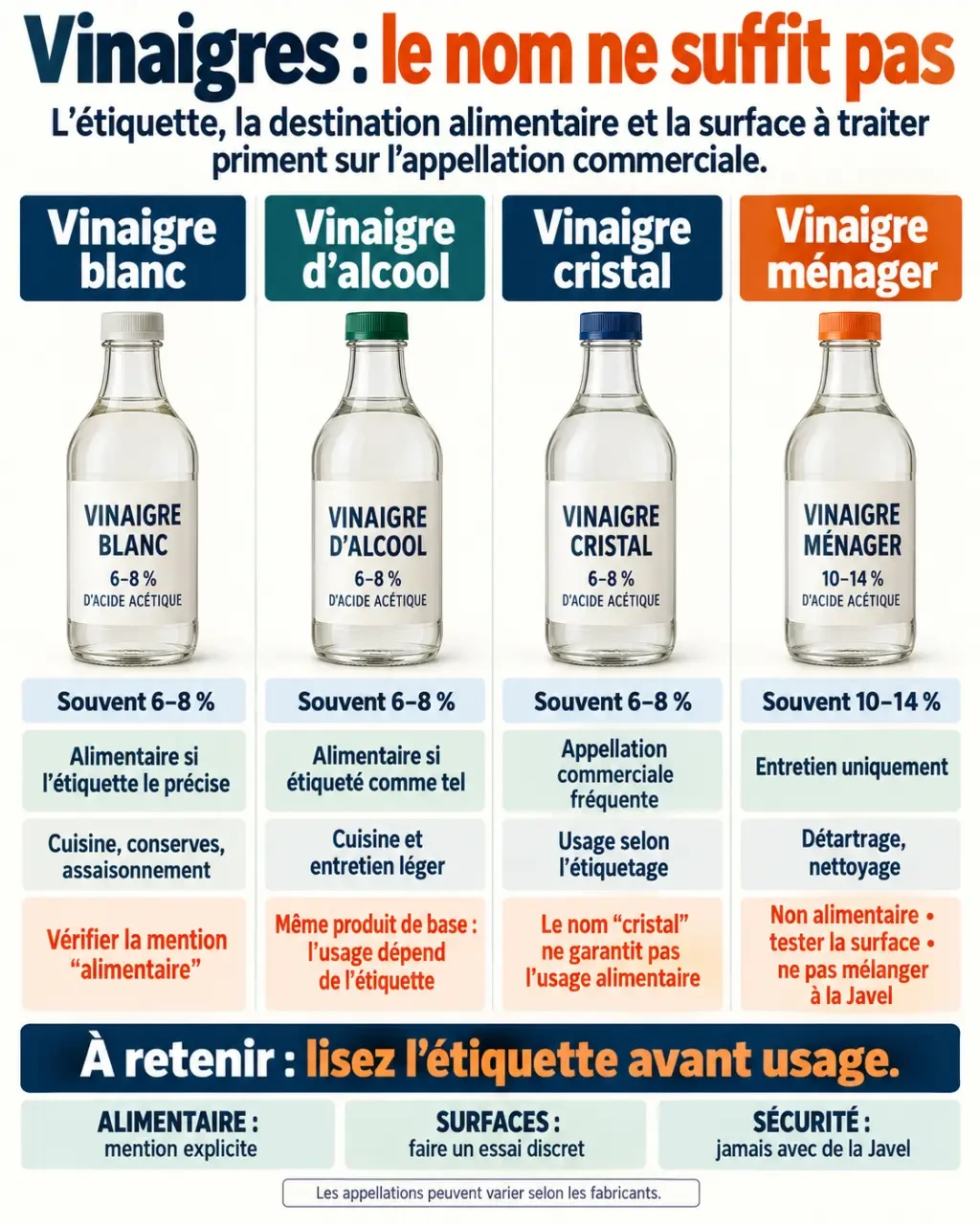 Infographie comparative sur le vinaigre blanc et le vinaigre d’alcool, leurs concentrations et leurs usages