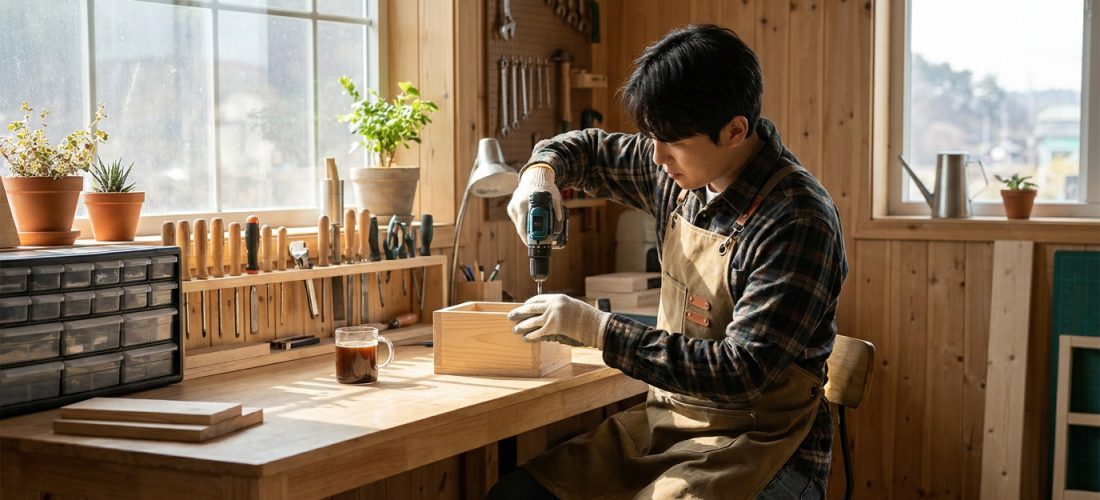 Un homme en tablier travaille le bois avec une perceuse dans son atelier lumineux.