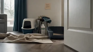 Chat fait pipi partout près de la litière et d’un tapis, sans punir.