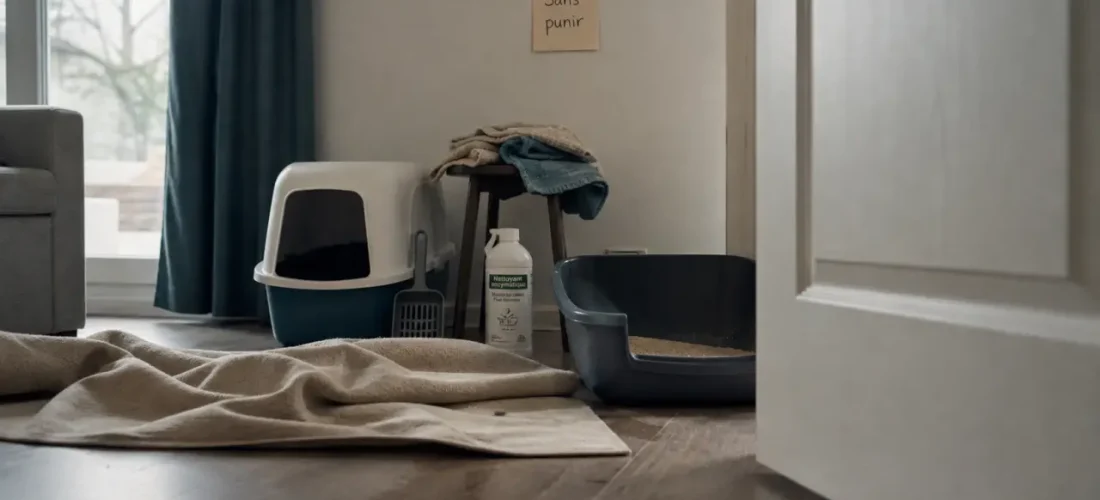 Chat fait pipi partout près de la litière et d’un tapis, sans punir.