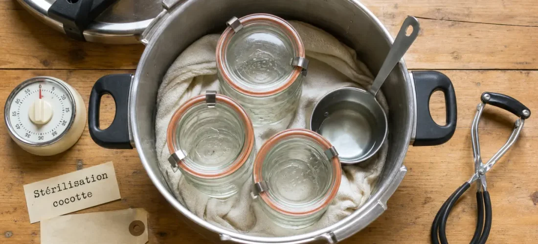 Cocotte minute sterilisation bocaux à 110°C avec 2 cm de vide