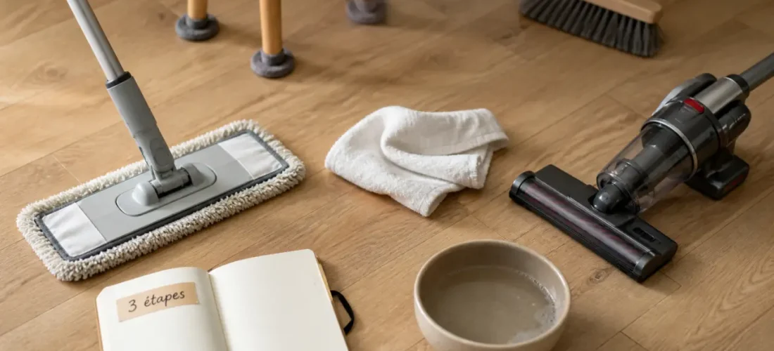 Comment nettoyer du parquet flottant : serpillière microfibre très essorée et eau tiède