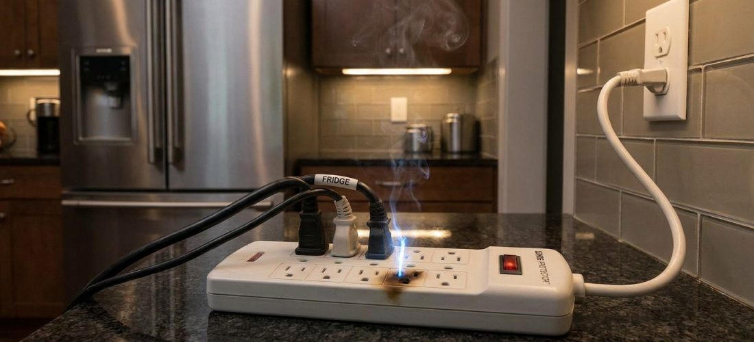 Une multiprise surchargée en train de fumer et de provoquer un court-circuit sur un comptoir de cuisine.