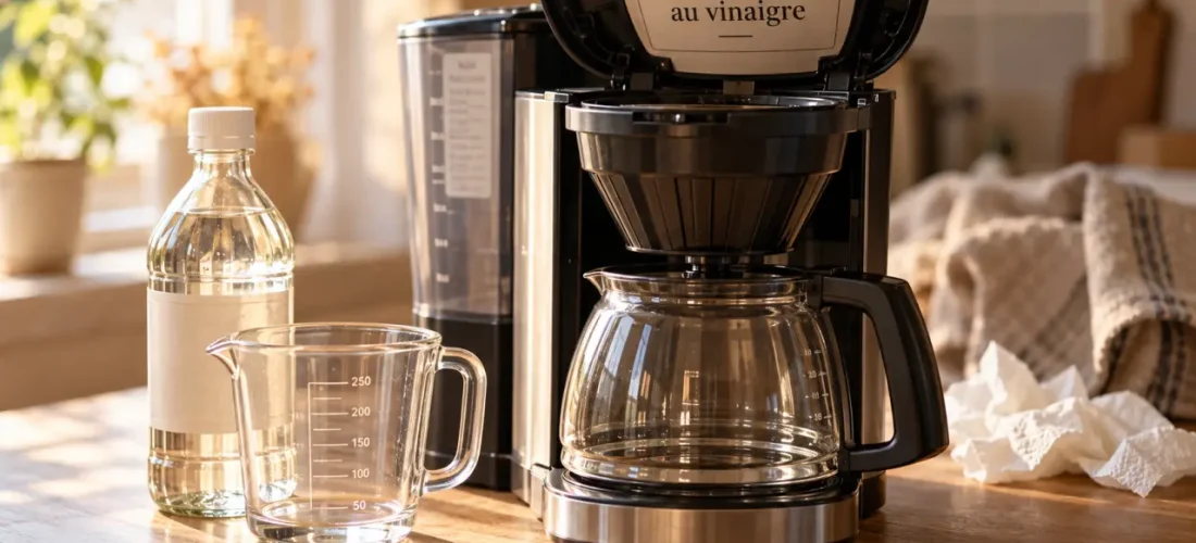 Detartrer la cafetiere au vinaigre blanc : flacon de vinaigre et rinçage de la cafetière