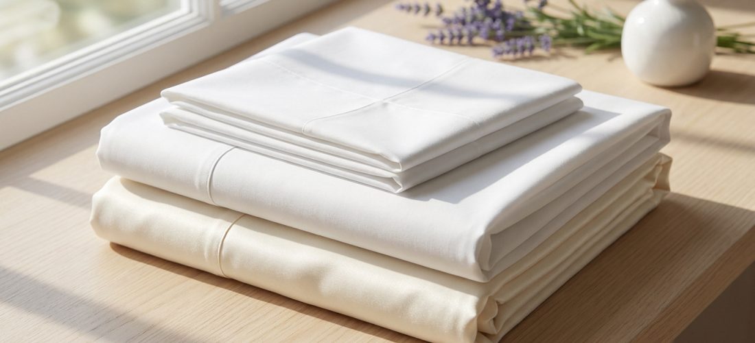 Pile de draps blancs pliés sur une table en bois près d'une fenêtre avec un brin de lavande.