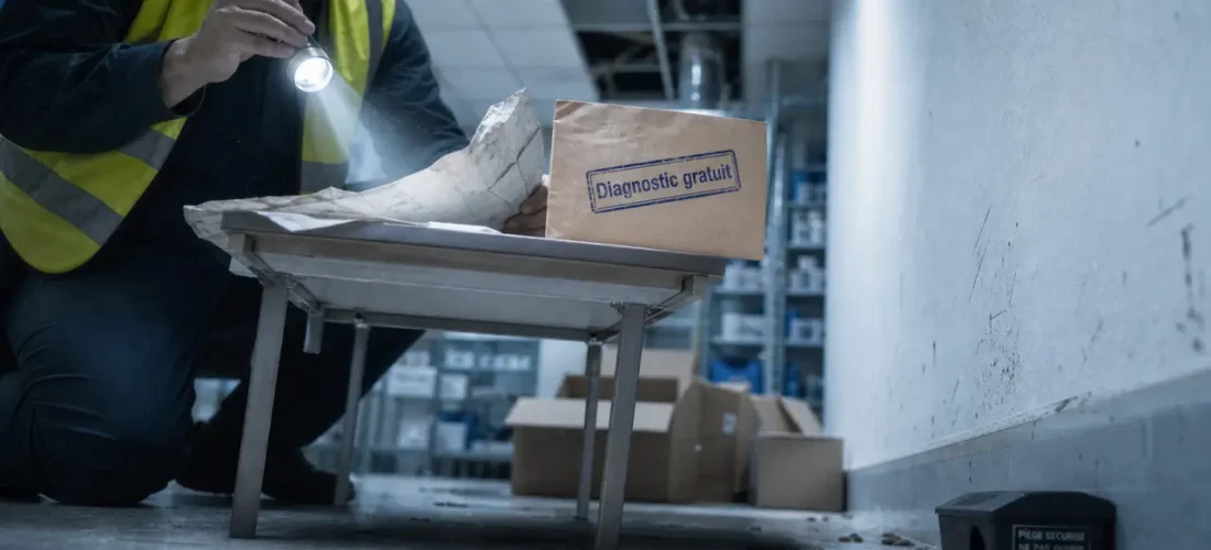 Entreprise dératisation pour pharmacie Gardanne : technicien inspecte déjections et traces près du piège