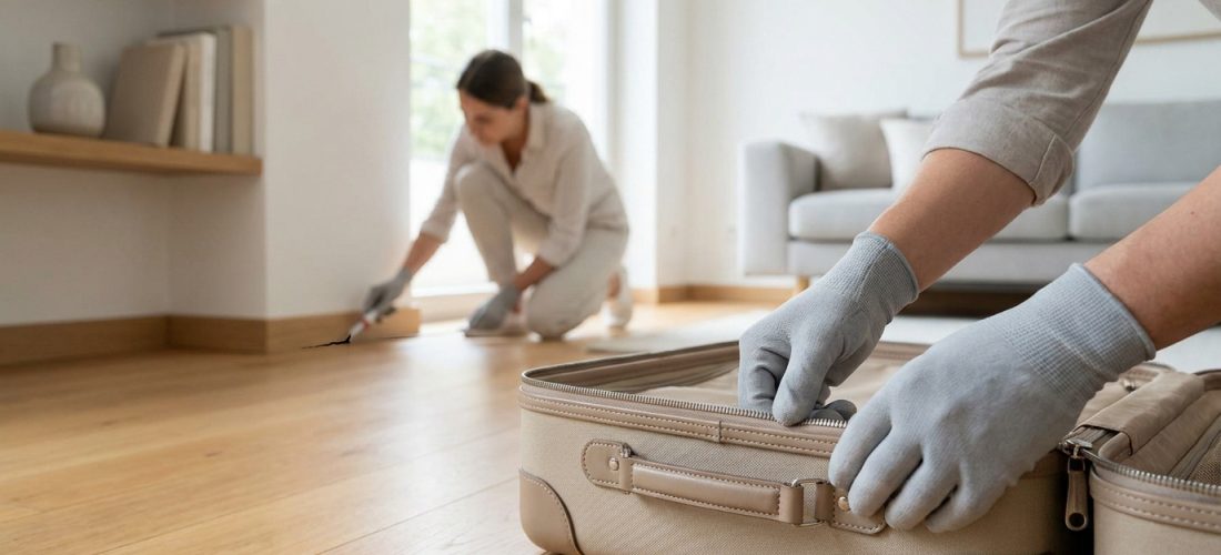 Personne inspectant une valise avec des gants protecteurs pendant qu'une autre personne traite les fissures au sol.