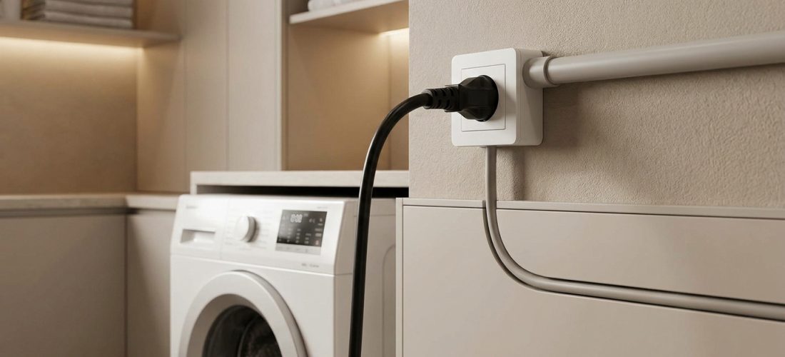 Prise électrique murale blanche avec une fiche noire branchée, reliée à une machine à laver dans une buanderie moderne.