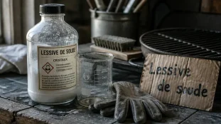 Lessive de soude : flacon, gants et bécher pour entretien domestique