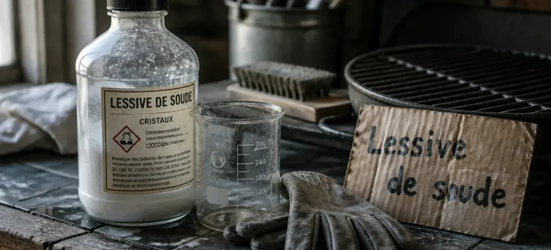 Lessive de soude : flacon, gants et bécher pour entretien domestique