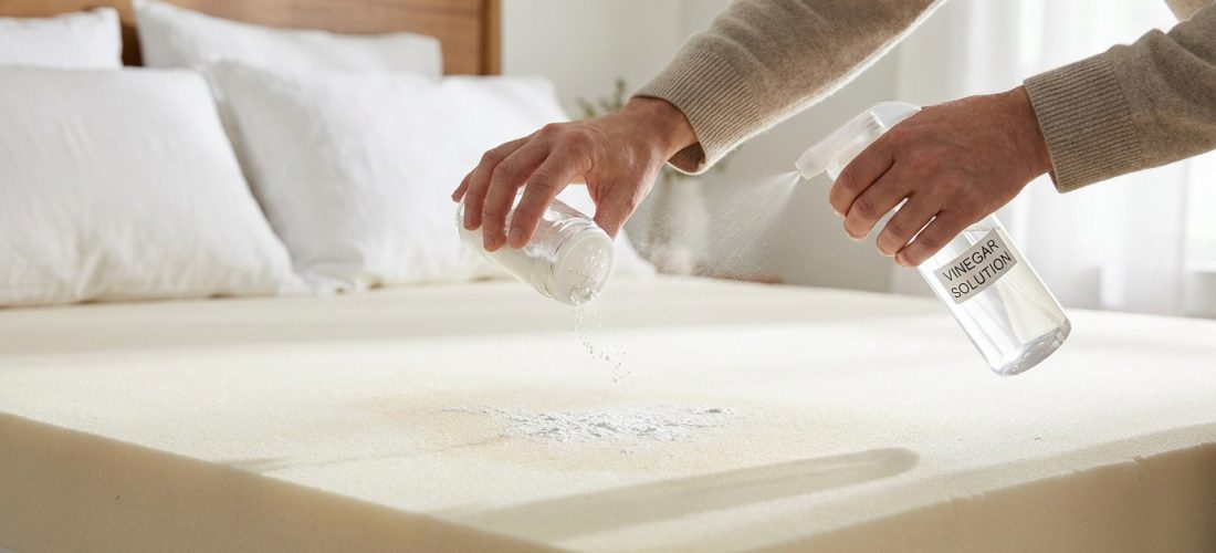 Mains saupoudrant du bicarbonate et vaporisant une solution de vinaigre sur un matelas en mousse pour le désodoriser.