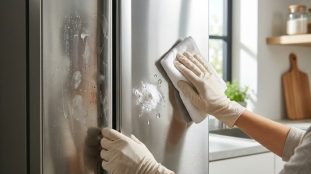 Une personne nettoie une porte de réfrigérateur en inox tachée avec un chiffon et du bicarbonate de soude.