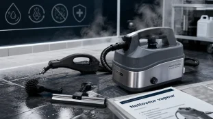 Nettoyeur vapeur professionnel sur sol carrelé, vapeur à 165°C, accessoires de nettoyage