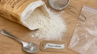 Petite bete dans la farine : points bruns et poussière blanchâtre