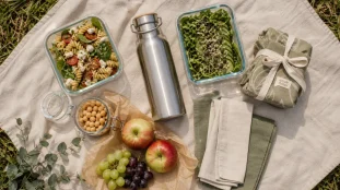 Pique nique zéro déchet : gourde inox et boîtes en verre sur nappe