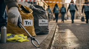 Ramasser des dechets sans danger avec gants et tri