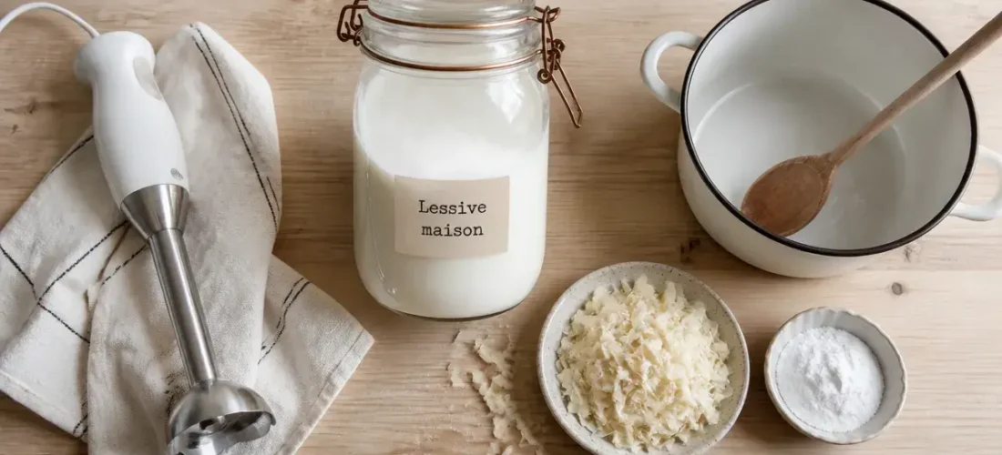 Recette lessive maison : 3 ingrédients (bocal, savon, bicarbonate)