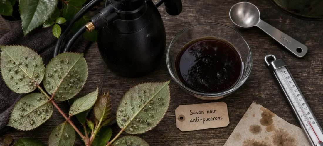 Savon noir puceron : pulvérisation anti-pucerons sur rosiers infestés